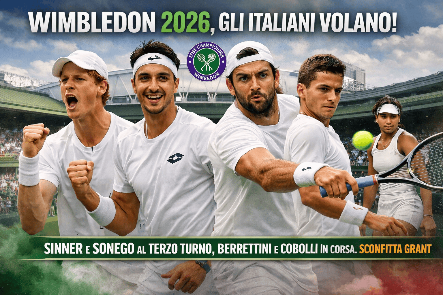 Wimbledon 2026, giornata d’oro per l’Italia: Berrettini e Sonego volano al terzo turno, Cobolli in rimonta. Paolini in serata